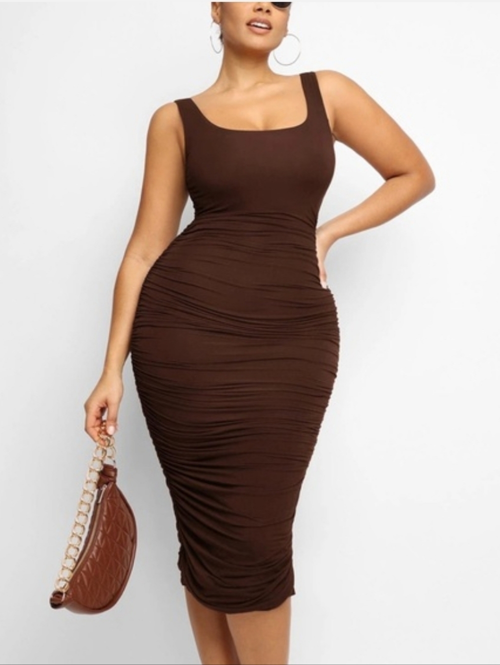 Shapellx Shaping Ruched Chocolate Brown Tank Dress XL Side Zip Sexy Midi Length